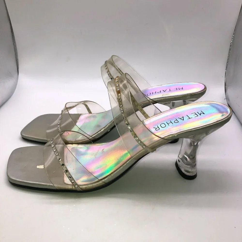Metaphor Shoes Sz 8.5 Giselle 62121 Clear Plastic Rhinestones Square Open Toe